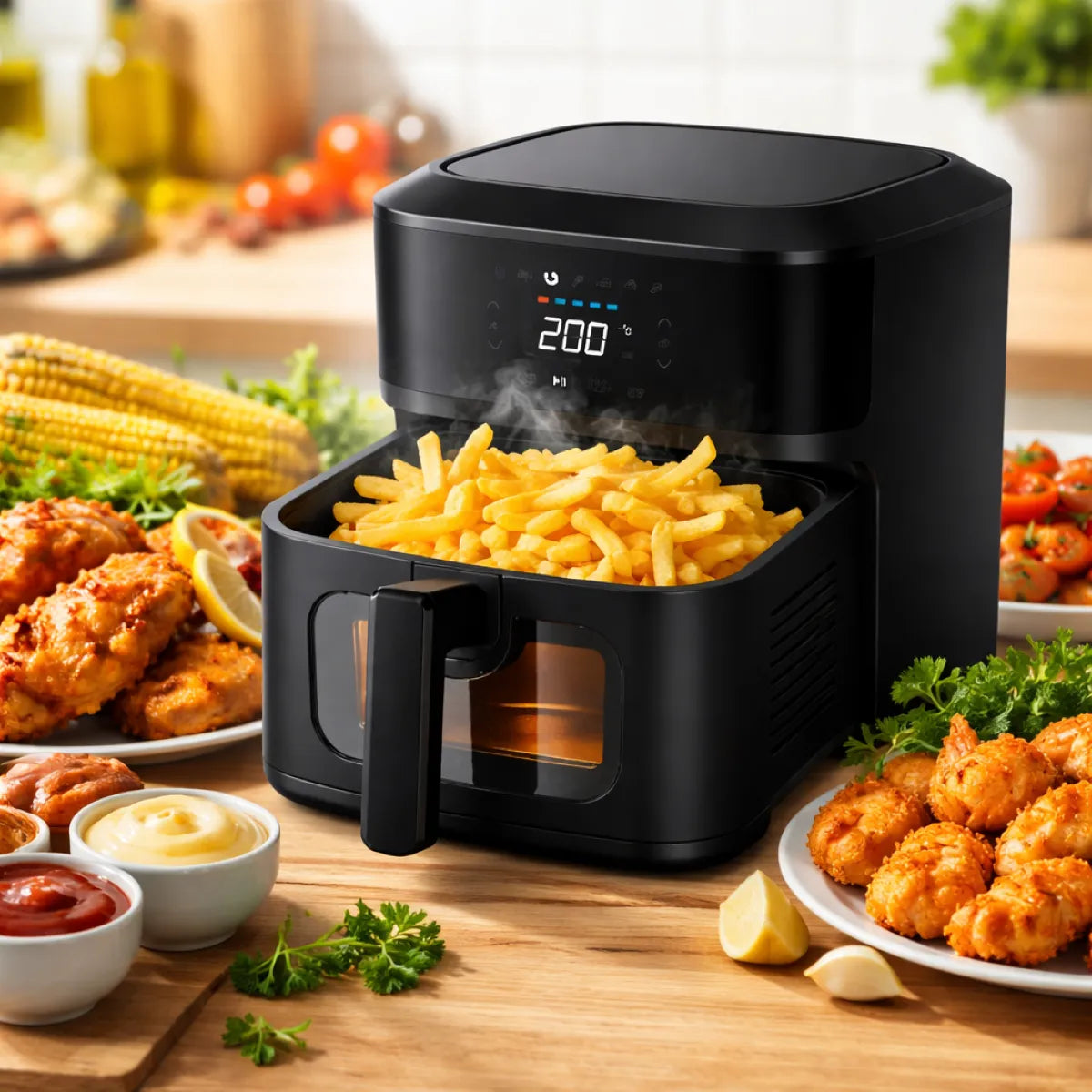 Air Fryer cheia de batata frita cercada de pratos