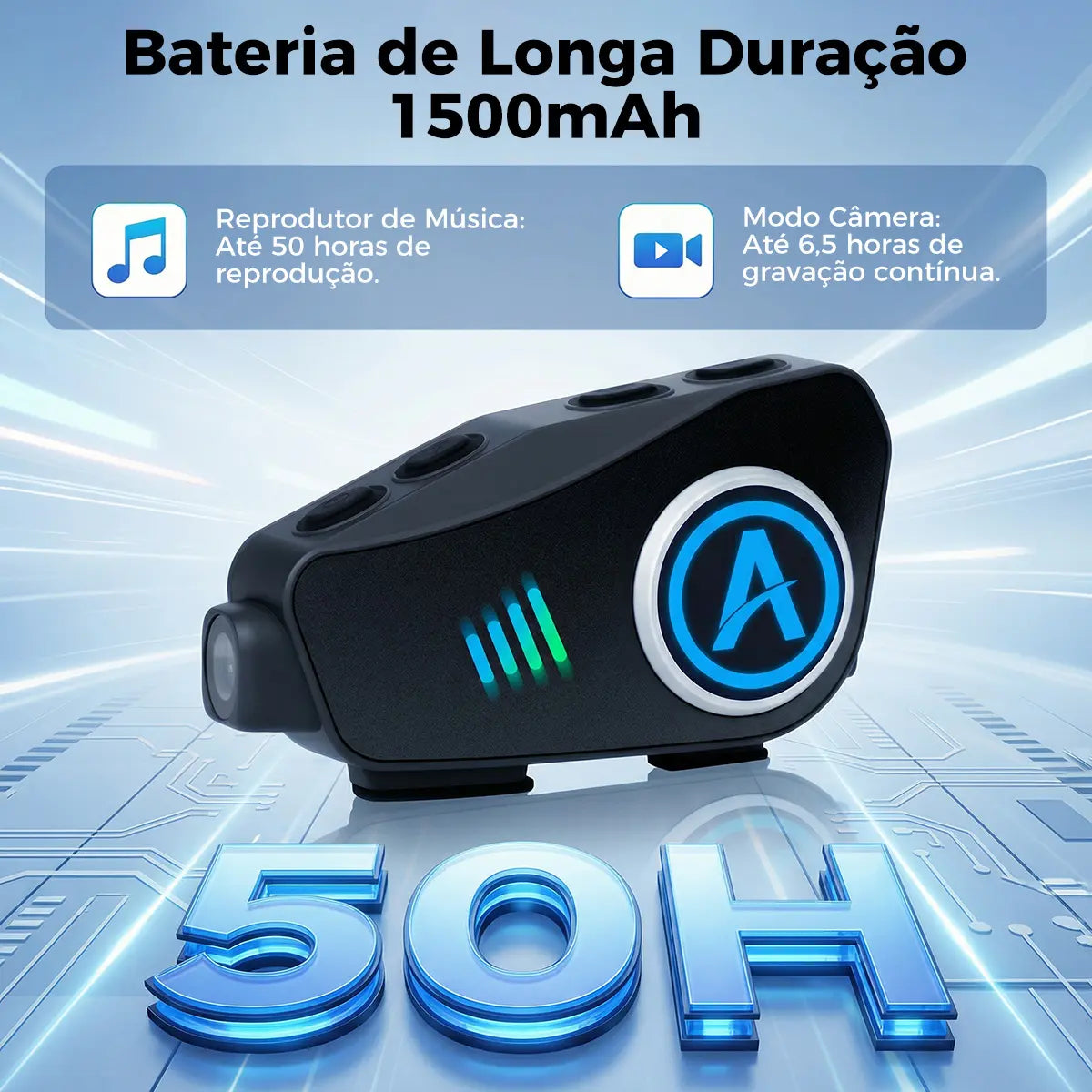 Bateria de longa duração de 1500mAh, até 50 horas