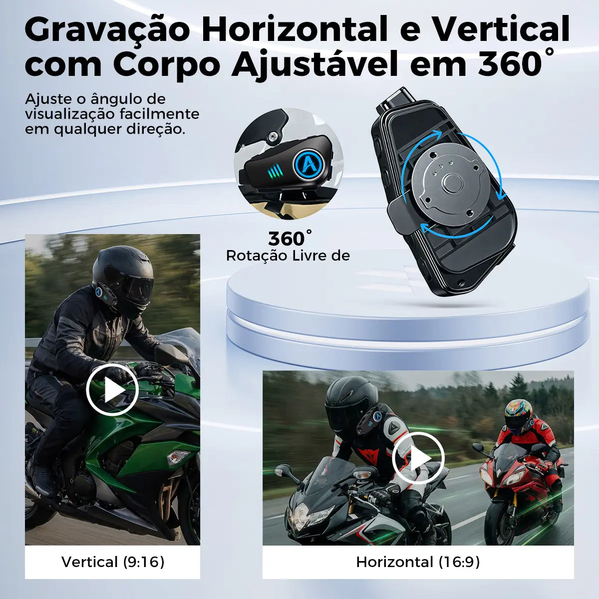 Gravação horizontal e vertical, corpo ajustável em 360°